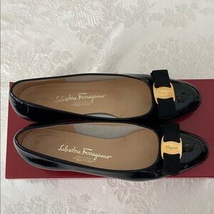 Salvatore Ferragamo Black Leather Loafers with Gold Buckle